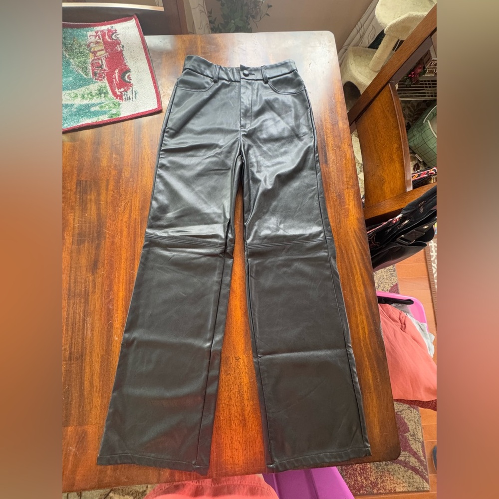 wide leg black leather pants